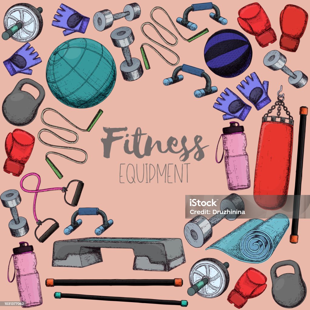 Home gym equipment Set of fitness accessories, sketch cartoon illustration of gym equipment for home exercise. Vector Abdominal Muscle stock vector