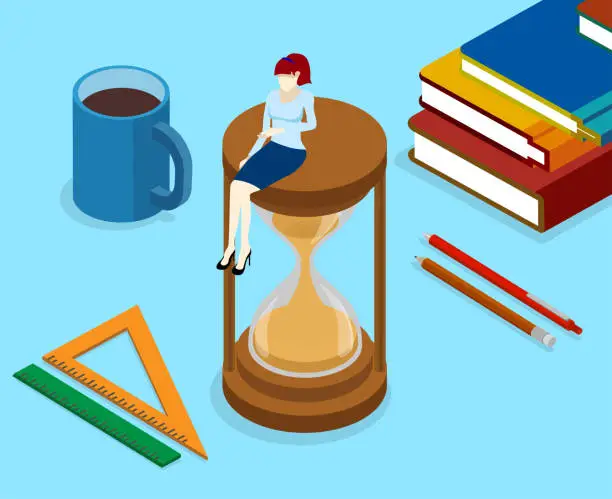 Vector illustration of Office or student workplace with girl and stationery.