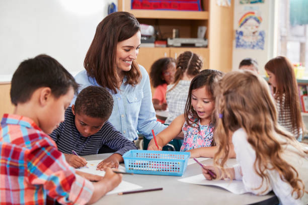 Teacher sitting at table with young school kids in lesson