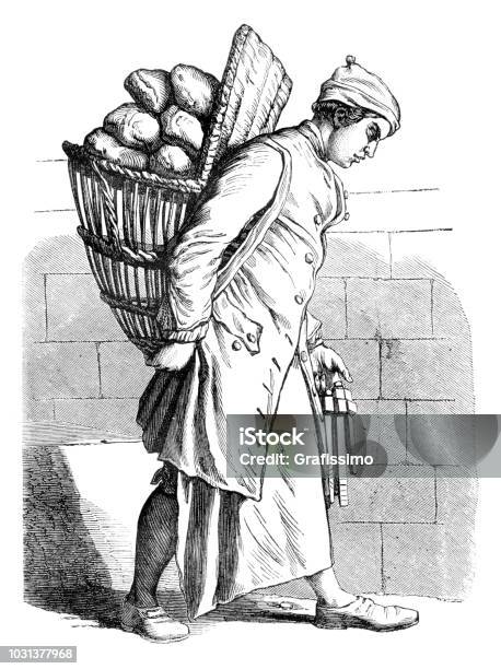 Baker With Bread On The Back 18th Century Illustration Stock Illustration - Download Image Now