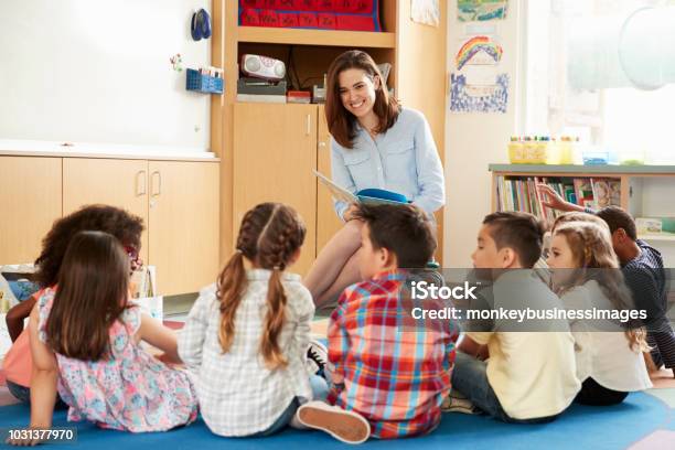 School Kids Sitting On Floor In Front Of Teacher Low Angle Stock Photo - Download Image Now