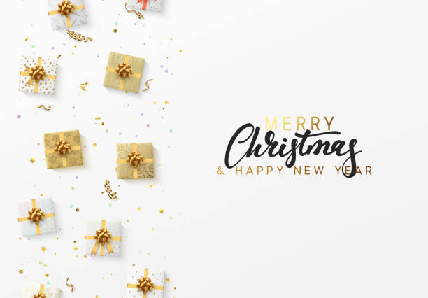 istock Merry Christmas greeting card. Xmas holiday background, gift box with gold tinsel, bright glitter confetti and golden serpentine 1031380732