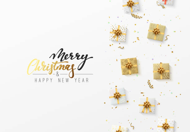 istock Merry Christmas greeting card. Xmas holiday background, gift box with gold tinsel, bright glitter confetti and golden serpentine 1031380790
