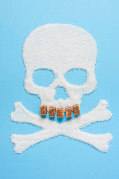 The skull made of sugar on blue blue background. Diabetes concept. Sugar Kills. Suggesting dieting concept. Copy space stock photo