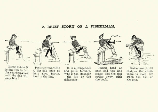 Victorian comic strip, story of a fisherman, 1890s Vintage engraving of a Victorian comic strip, story of a fisherman, 1890s, 19th Century fishing line illustrations stock illustrations