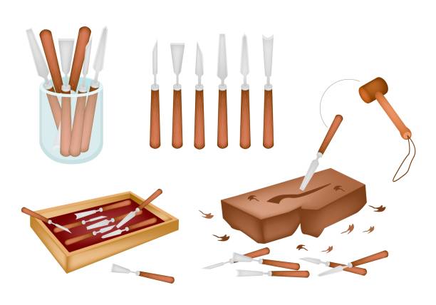 ilustraciones, imágenes clip art, dibujos animados e iconos de stock de tallar herramientas de la escultura de madera - work tool chisel wood mallet