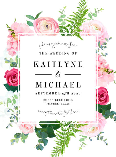 Square floral vector design frame Square floral vector design frame. Pink ranunculus, red rose, white hydrangea flowers, eucalyptus, forest fern, greenery. Wedding elegant card. All elements are isolated and editable pink flower frame stock illustrations