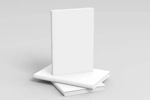 Vertical blank book cover mockup standing on stack of blank books with clipping path around books on white background. 3d illustration
