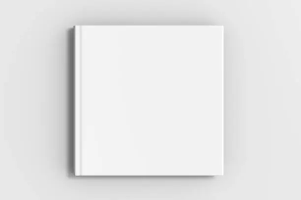 Square blank book cover mockup on white background with clipping path around book. 3d illustration