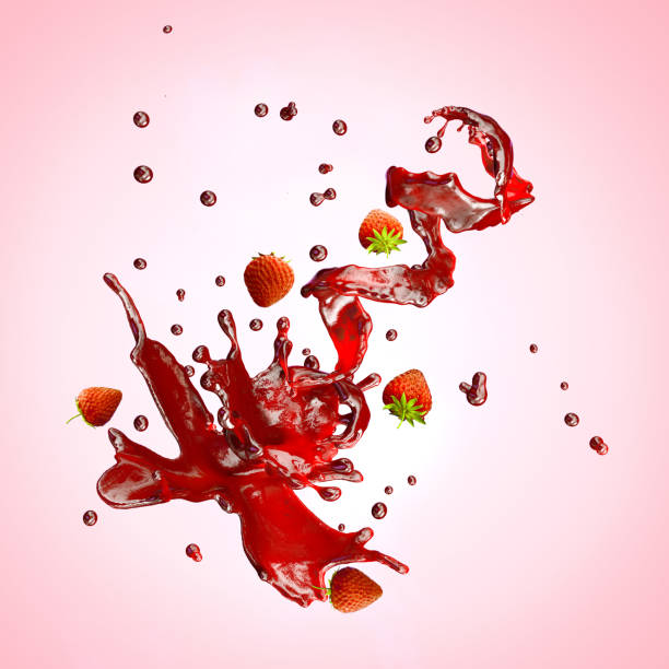 istock Juice splash with strawberries, droplets isolated. 3D illustration 1031400474