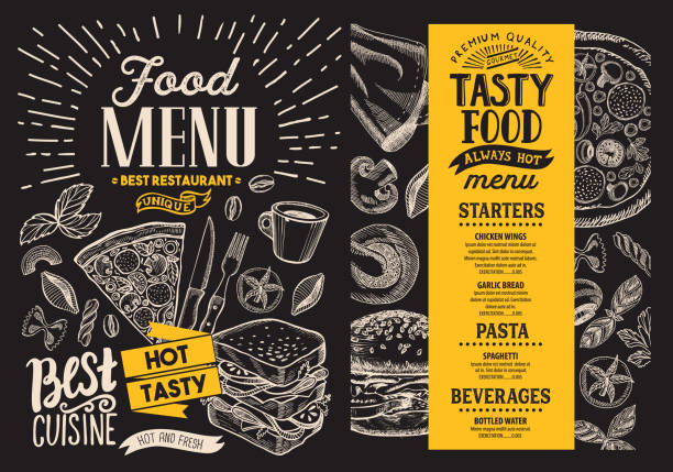 ilustrações de stock, clip art, desenhos animados e ícones de food menu. vector restaurant flyer on blackboard background. design template with vintage hand-drawn illustrations. - retro revival bar restaurant sign