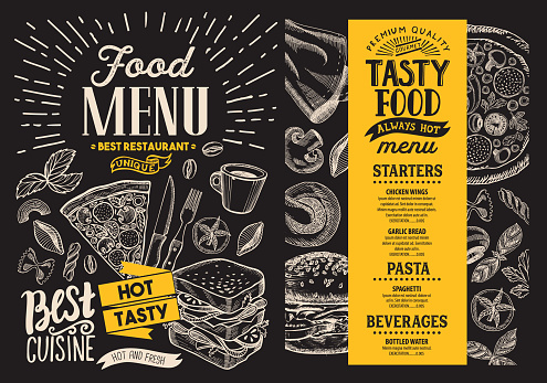 Food menu. Vector restaurant flyer on blackboard background. Design template with vintage hand-drawn illustrations.