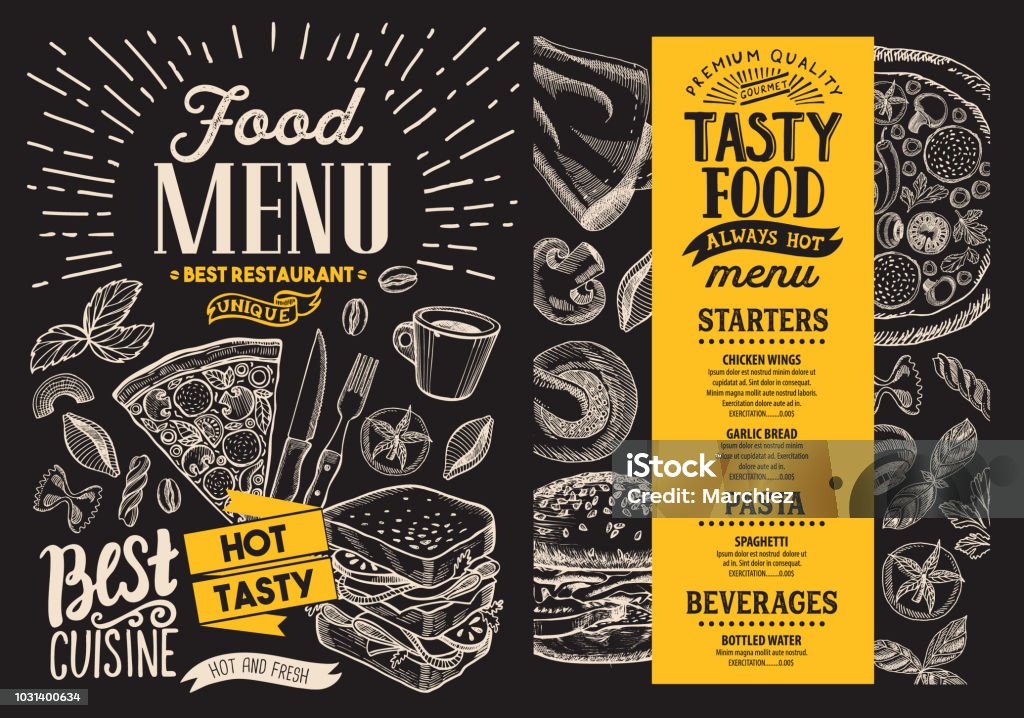 Food Menu Vector Restaurant Flyer On Blackboard Background Design Template  With Vintage Handdrawn Illustrations Stock Illustration - Download Image  Now - iStock