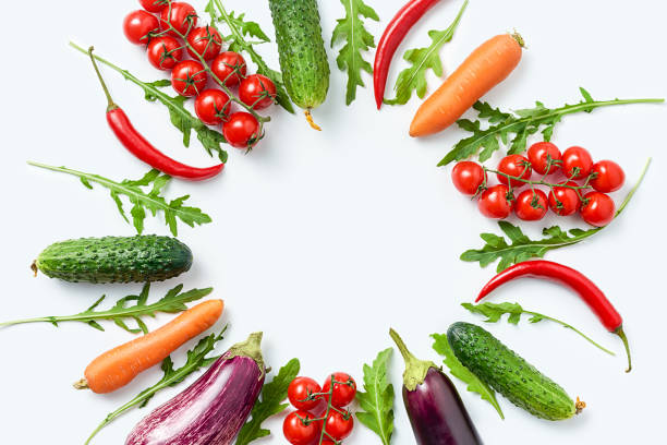 top view of circle made of different herbs and vegetables isolated on white background stock photo