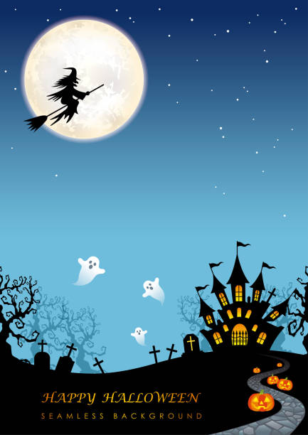テキスト領域を持つ幸せなハロウィーンのシームレスな背景 - halloween castle cartoon backgrounds点のイラスト素材／クリップアート素材／マンガ素材／アイコン素材