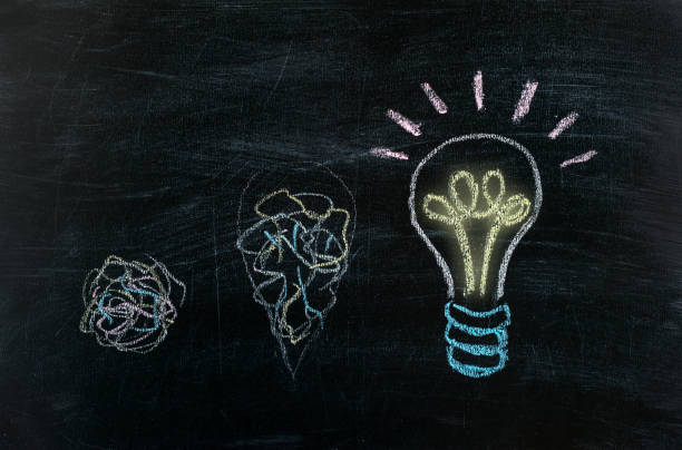 istock Chalkboard with Chalk Drawing of Hanging Light Bulb. Bright idea on blackboard concept. Way of thinking, the birth of idea. Creative, bright, unusual, interesting idea. Eureka, thought, flash, inspiration. 1031404432