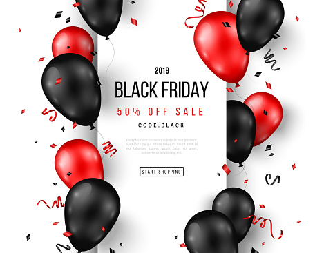 Black Friday Sale poster with shiny balloons, confetti and vertical frame. Vector illustration.