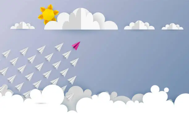 Vector illustration of Paper airplanes in form of arrow shape flying from clouds on blue sky.Paper art style of business teamwork creative concept idea.Vector illustration