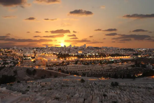 Jerusalem old city sunset night aerial view
