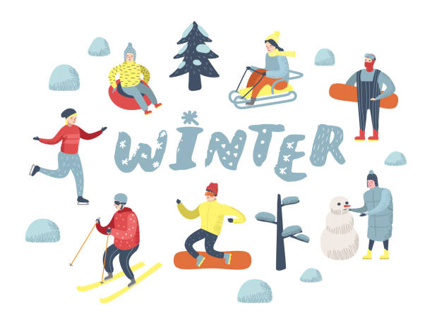 ilustraciones, imágenes clip art, dibujos animados e iconos de stock de personas plano personajes de vacaciones felices. deportes de invierno, trineo, snowboard, esquí. ilustración de vector - snowboarding snowboard women teenager