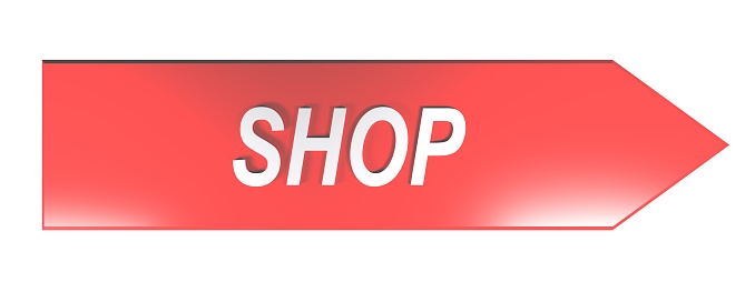 The write SHOP in white letters on a red arrow pointing to the right, on white background - 3D rendering illustration