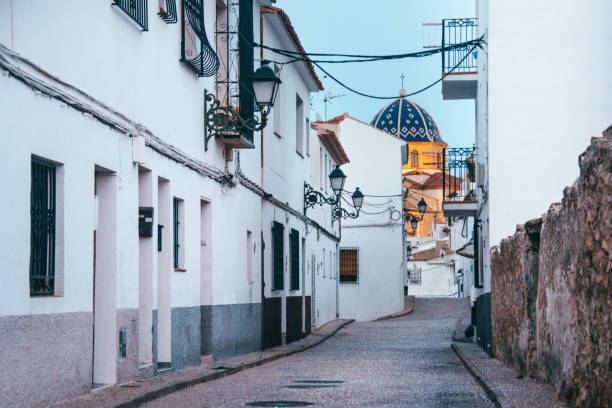A street in Altea, Spain, from which the city's beautiful main church is visible
