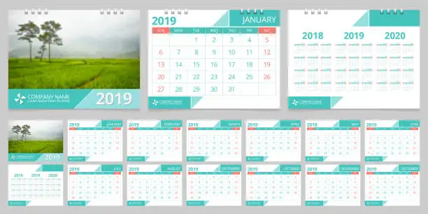 Vector illustration of 2019 calendar set week start Sunday corporate design template vector.