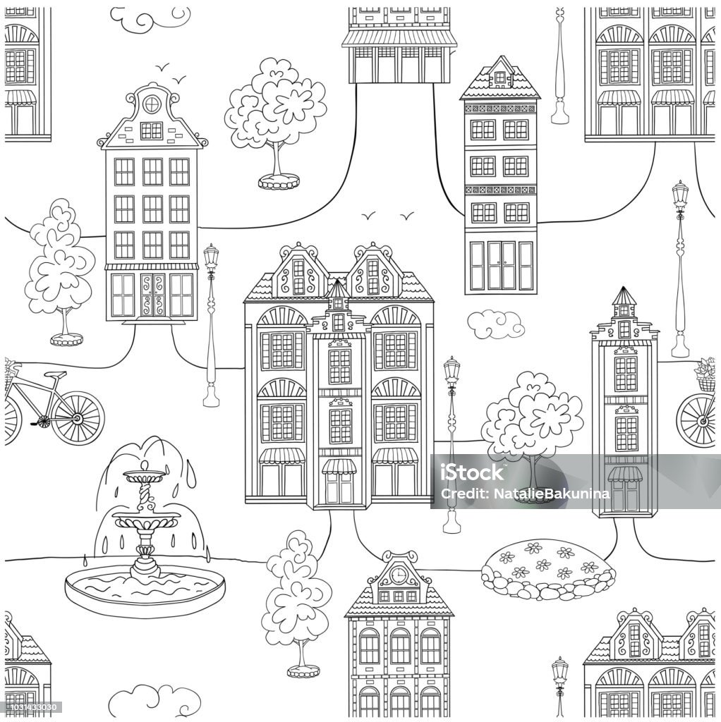 Town seamless pattern. Town seamless pattern. Hand drawn page for coloring book with a lot of houses. Black and white. Doodle style. Amsterdam stock vector