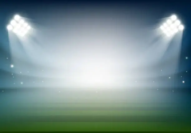 Vector illustration of Blank football field on the stadium. Sports background illuminated by searchlights.