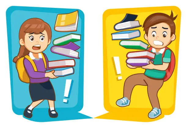 Vector illustration of Student overload learning in class. kids have heavy trying to knowledge for education.