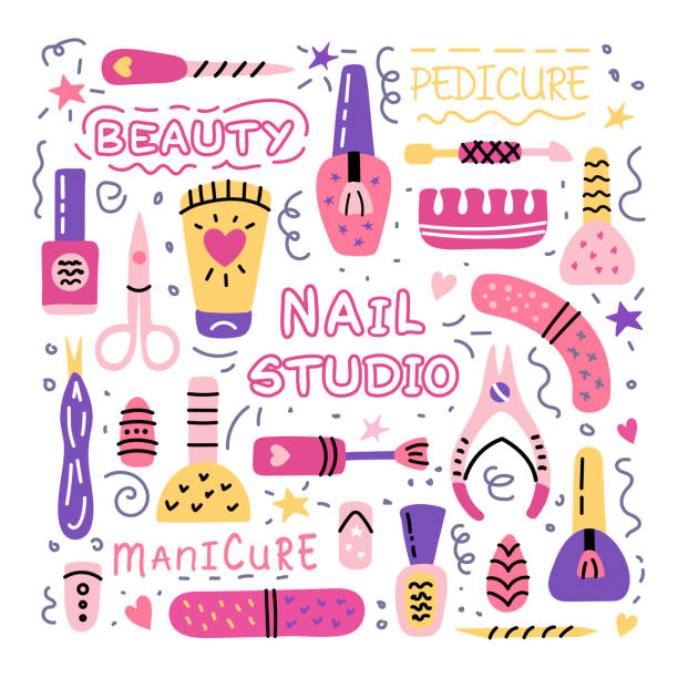 nagel-salon maniküre pediküre studio doodle-icon-set - nail polish isolated cosmetics bottle stock-grafiken, -clipart, -cartoons und -symbole