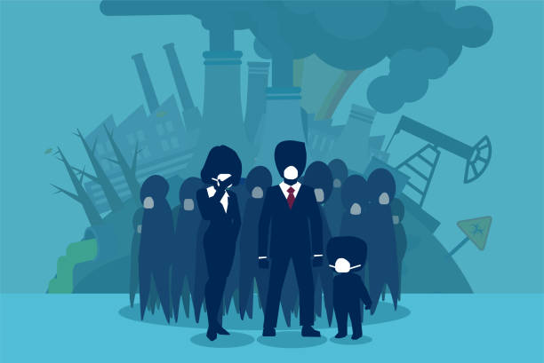 Flat style of people in polluted world Vector style of people in respirators standing on world with factories and heavy polluted air. air quality stock illustrations