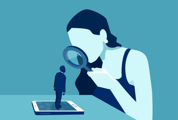 illustrazioni stock, clip art, cartoni animati e icone di tendenza di donna con lente d'ingrandimento guardando un uomo in piedi su un moderno dispositivo gadget - confidential identity stealing privacy