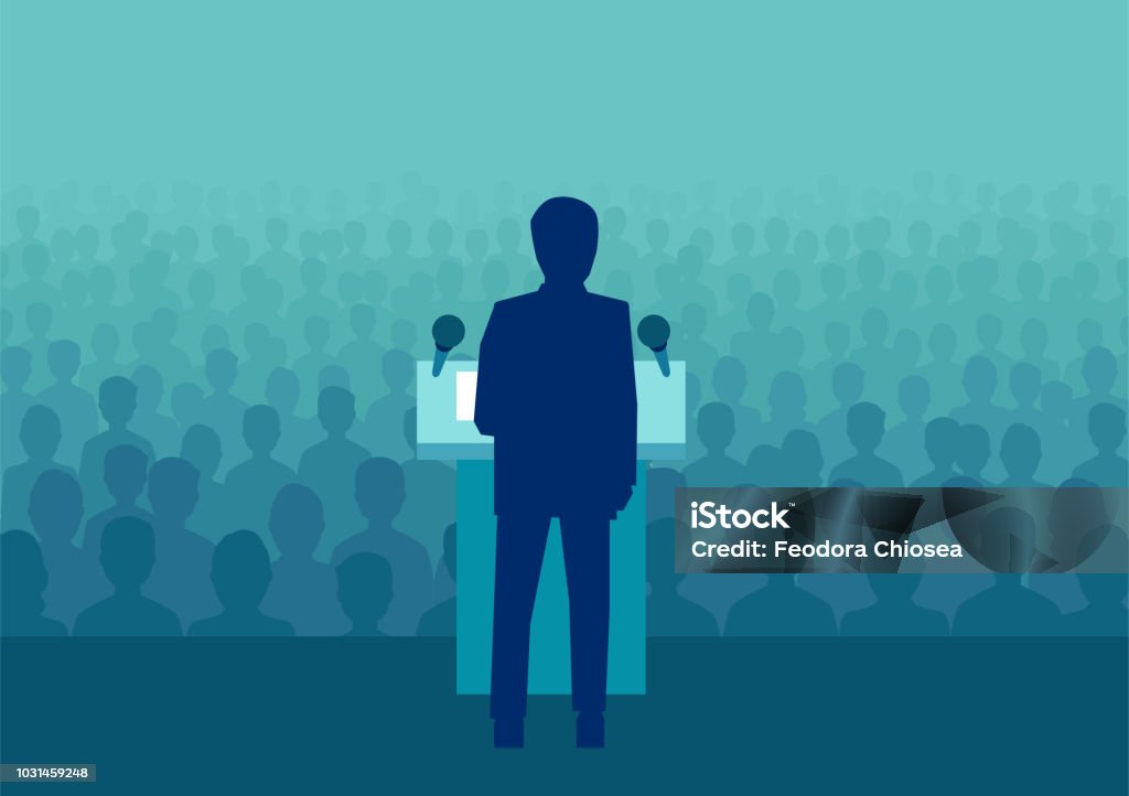 Vektor-Illustration eines Geschäftsmann oder Politiker im Gespräch mit einer großen Schar von Menschen - Lizenzfrei Rede Vektorgrafik