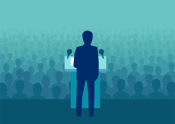 wektorowa ilustracja biznesmena lub polityka przemawiającego do tłumu ludzi - talking to audience stock illustrations
