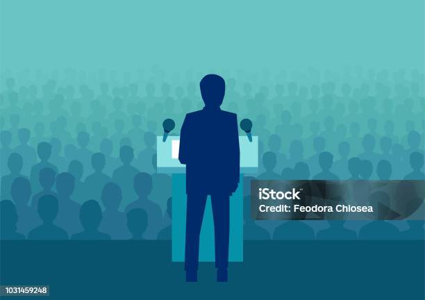 Vector Illustration Of A Businessman Or Politician Speaking To A Large Crowd Of People Stock Illustration - Download Image Now