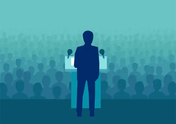 Vector illustration of Vector illustration of a businessman or politician speaking to a large crowd of people