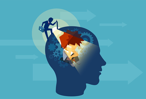 Vector of an business adult man opening a human head with a child subconscious mind sitting inside