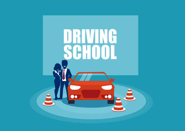 illustrazioni stock, clip art, cartoni animati e icone di tendenza di scuola guida. studente e istruttore e un'auto di formazione. illustrazione vettoriale in stile cartone animato - driving training car safety