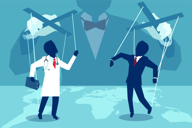 Vector concept flat style illustration of a person manipulating doctor and insurance agent behind the scenes. Vector concept flat style illustration of a person manipulating doctor and insurance agent behind the scenes. puppet master stock illustrations