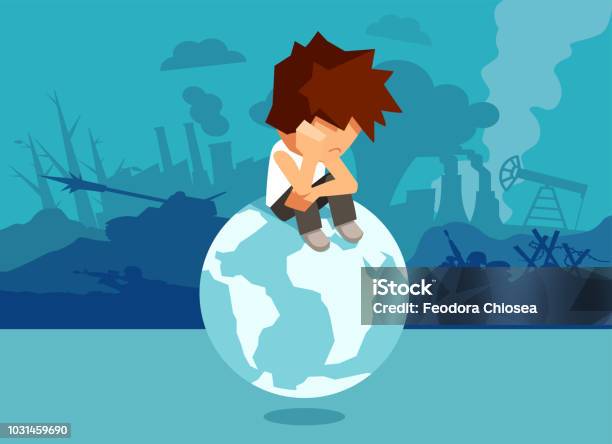 Sad Man On With Bad Environment Stock Illustration - Image - Climate Change, Poverty, World Map - iStock