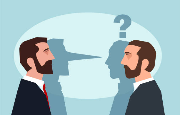 Flat style picture of businessman lying to another man leading business dishonestly. Flat style picture of businessman lying to another man leading business dishonestly. dishonesty stock illustrations