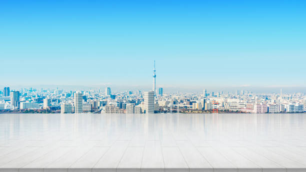 leere stein panel boden mit panoramablick auf die stadt skyline in tokio, japan - tokyo sky tree fotos stock-fotos und bilder