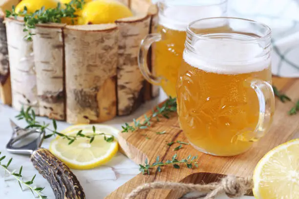 Light lemon sour beer and citrus, two beer mug