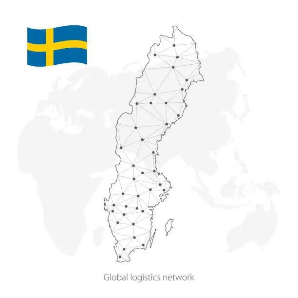 Vector illustration of Global logistics network concept. Communications network map Sweden on the world background. Map Kingdom of Sweden with nodes in polygonal style and flag. Vector illustration EPS10.