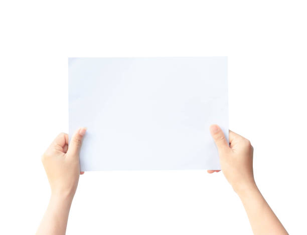 istock Woman hand holding blank paper isolated on white background. 1031467920