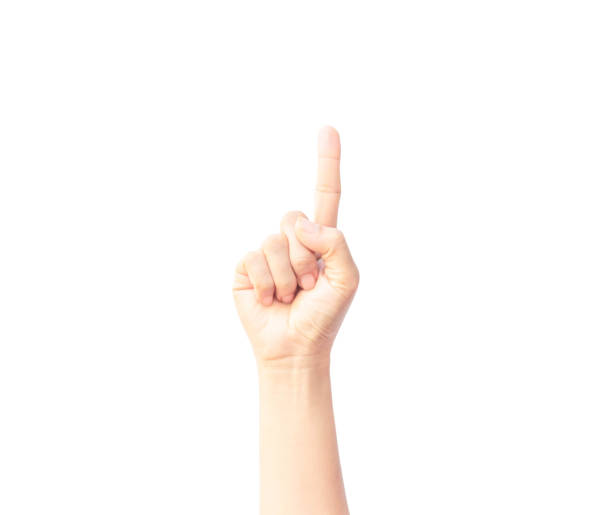 istock Woman hand show with finger from one isolated on white background 1031468146