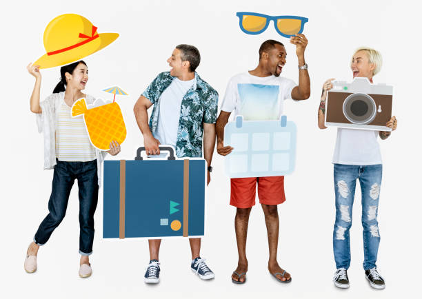 istock Happy diverse people holding travel icons 1031468606