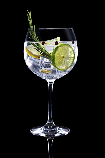 gin tonic garnished with citrus fruit and rosemary isolated on black background