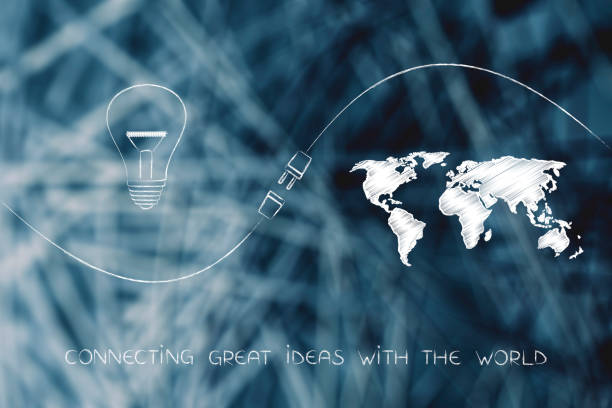connecting ideas and funds with lightbulb and map with plug in between stock photo